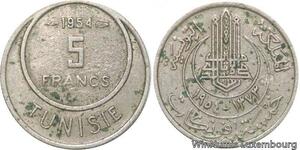 R8108 Tunisia 5 Francs Muhammad al-Amin Bey AH 1373 1954 Paris
