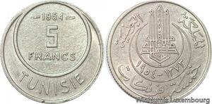 R8109 Tunisia 5 Francs Muhammad al-Amin Bey AH 1373 1954 Paris