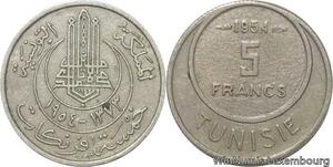 R8111 Tunisia 5 Francs Muhammad al-Amin Bey AH 1373 1954 Paris