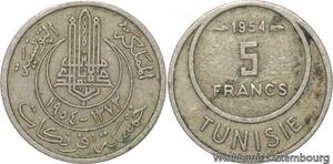 R8112 Tunisia 5 Francs Muhammad al-Amin Bey AH 1373 1954 Paris