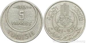 R8114 Tunisia 5 Francs Muhammad al-Amin Bey AH 1373 1954 Paris