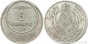 R8115 Tunisia 5 Francs Muhammad al-Amin Bey AH 1373 1954 Paris