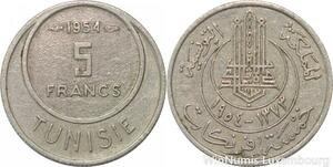 R8117 Tunisia 5 Francs Muhammad al-Amin Bey AH 1373 1954 Paris