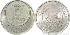 R8118 Tunisia 5 Francs Muhammad al-Amin Bey AH 1373 1954 Paris UNC