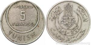R8119 Tunisia 5 Francs Muhammad al-Amin Bey AH 1373 1954 Paris