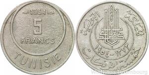 R8120 Tunisia 5 Francs Muhammad al-Amin Bey AH 1373 1954 Paris