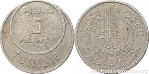 R8122 Tunisia 5 Francs Muhammad al-Amin Bey AH 1373 1954 Paris