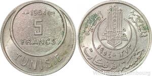 R8123 Tunisia 5 Francs Muhammad al-Amin Bey AH 1373 1954 Paris AU