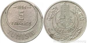 R8125 Tunisia 5 Francs Muhammad al-Amin Bey AH 1373 1954 Paris