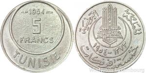 R8127 Tunisia 5 Francs Muhammad al-Amin Bey AH 1373 1954 Paris AU