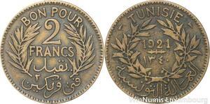 R8137 Tunisia 2 Francs AH 1340 1921 Paris -> Make offer