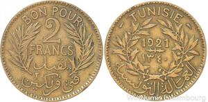 R8141 Tunisia 2 Francs AH 1340 1921 Paris -> Make offer