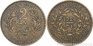 R8143 Tunisia 2 Francs AH 1340 1921 Paris -> Make offer