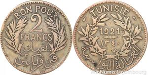 R8145 Tunisia 2 Francs AH 1340 1921 Paris -> Make offer