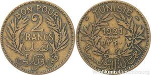R8146 Tunisia 2 Francs AH 1340 1921 Paris -> Make offer