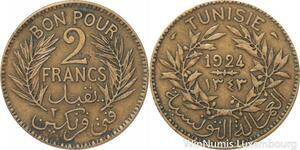R8147 Tunisia 2 Francs AH 1343 1924 Paris -> Make offer