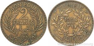 R8148 Tunisia 2 Francs AH 1343 1924 Paris -> Make offer