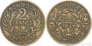 R8149 Tunisia 2 Francs AH 1343 1924 Paris -> Make offer
