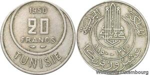 R8173 Tunisia 20 Francs Muhammad al-Amin Bey AH 1370 1950 A Paris -> Make offer