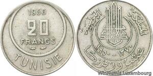 R8175 Tunisia 20 Francs Muhammad al-Amin Bey AH 1370 1950 A Paris -> Make offer