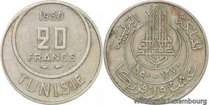 R8186 Tunisia 20 Francs Muhammad al-Amin Bey AH 1370 1950 A Paris -> Make offer