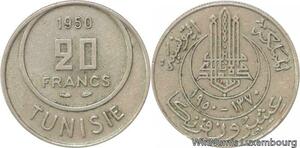 R8189 Tunisia 20 Francs Muhammad al-Amin Bey AH 1370 1950 A Paris -> Make offer