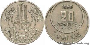 R8195 Tunisia 20 Francs Muhammad al-Amin Bey AH 1370 1950 A Paris -> Make offer