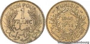 R8197 Tunisia 1 Franc AH 1364 1945 AU -> Make offer