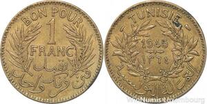R8199 Tunisia 1 Franc AH 1364 1945 AU -> Make offer