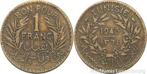 R8214 Tunisia 1 Franc AH 1364 1945 -> Make offer