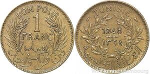 R8226 Tunisia 1 Franc AH 1364 1945 AU -> Make offer