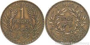 R8227 Tunisia 1 Franc AH 1360 1941 AU -> Make offer