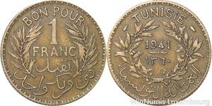 R8233 Tunisia 1 Franc AH 1360 1941 -> Make offer