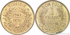 R8234 Tunisia 1 Franc AH 1360 1941 AU+ -> Make offer