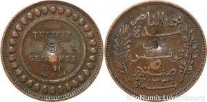 R8264 Tunisia 5 Centimes Muhammad al-Nasir Bey AH 1334 1916 A Paris > Make offer