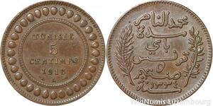 R8267 Tunisia 5 Centimes Muhammad al-Nasir Bey AH 1334 1916 A Paris AU >M Offer