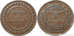 R8271 Tunisia 5 Centimes Muhammad al-Nasir Bey AH 1334 1916 A Paris > Make offer