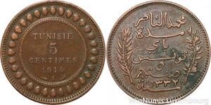 R8324 Tunisia 5 Centimes Muhammad al-Nasir Bey AH 1332 1914 A Paris AU >M Offer