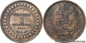 R8412 Tuninia French Protectorat 2 Centimes Ali Bey AH 1308 1891 A Paris ->Offer