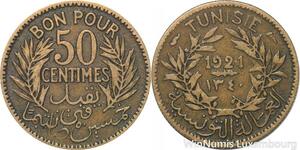 R8426 Tunisia 50 Centimes French Colonies AH 1340 1921 A Paris -> Make offer