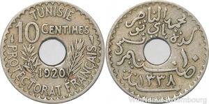 R8432 Tunisia 10 Centimes Muhammad al-Nasir Bey AH 1338 1920 Paris
