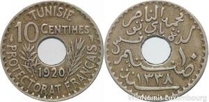 R8436 Tunisia 10 Centimes Muhammad al-Nasir Bey AH 1338 1920 Paris