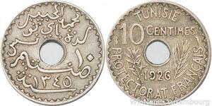 R8439 Tunisia 10 Centimes Muhammad al-Nasir Bey AH 1345 1926 Paris