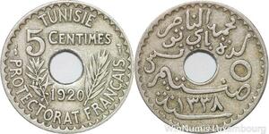 R8473 Tunisia 5 Centimes Muhammad al-Nasir Bey AH 1338 1920 Paris