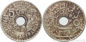 R8476 Tunisia 5 Centimes Muhammad al-Nasir Bey AH 1339 1920 Paris