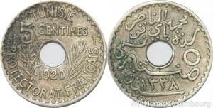 R8478 Tunisia 5 Centimes Muhammad al-Nasir Bey AH 1338 1920 Paris