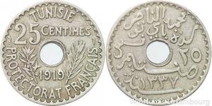 R8479 Tunisia 25 Centimes Muhammad al-Nasir Bey AH 1337 1919 Paris