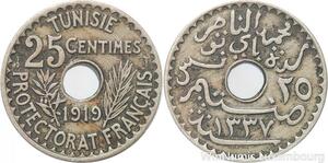 R8480 Tunisia 25 Centimes Muhammad al-Nasir Bey AH 1337 1919 Paris