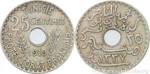 R8481 Tunisia 25 Centimes Muhammad al-Nasir Bey AH 1337 1919 Paris