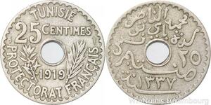 R8484 Tunisia 25 Centimes Muhammad al-Nasir Bey AH 1337 1919 Paris